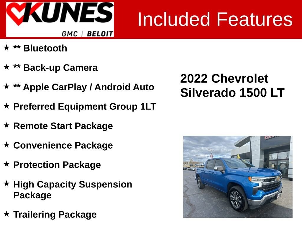 Used 2022 Chevrolet Silverado 1500 LT with VIN 3GCPDDEK1NG612490 for sale in Beloit, WI