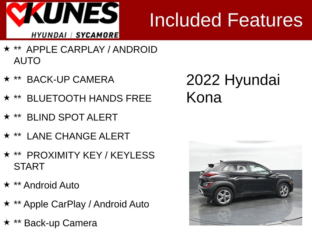 Used 2022 Hyundai Kona SEL with VIN KM8K62AB5NU877131 for sale in Sycamore, IL