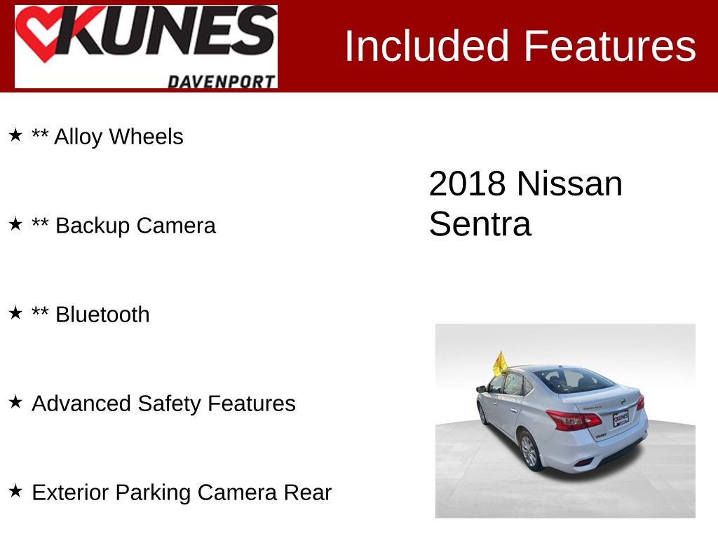 Used 2018 Nissan Sentra SV with VIN 3N1AB7AP1JY291637 for sale in Davenport, IA