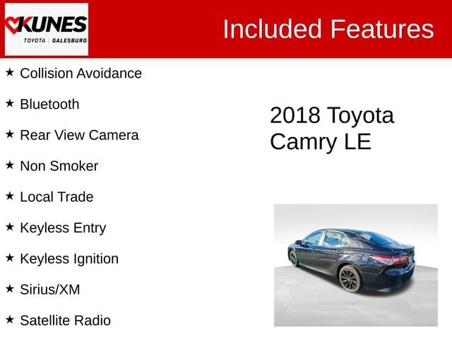 Used 2018 Toyota Camry LE with VIN 4T1B11HK1JU115763 for sale in Galesburg, IL