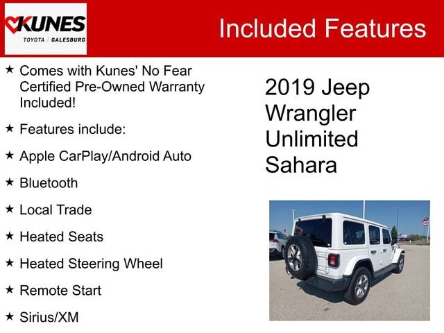 Used 2019 Jeep Wrangler Unlimited Sahara with VIN 1C4HJXEG7KW611500 for sale in Galesburg, IL