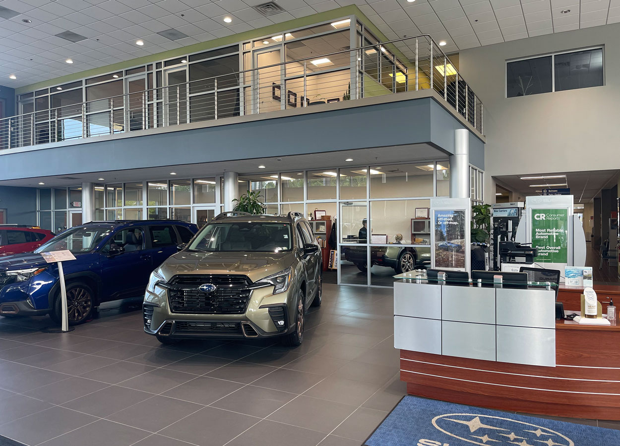 Lancaster County Subaru showroom floor with new Subaru vehicles on display