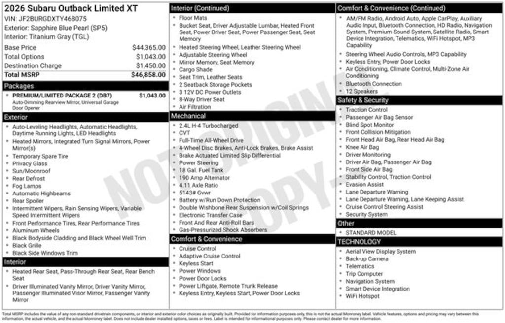 Certified 2026 Subaru Outback Limited XT SUV