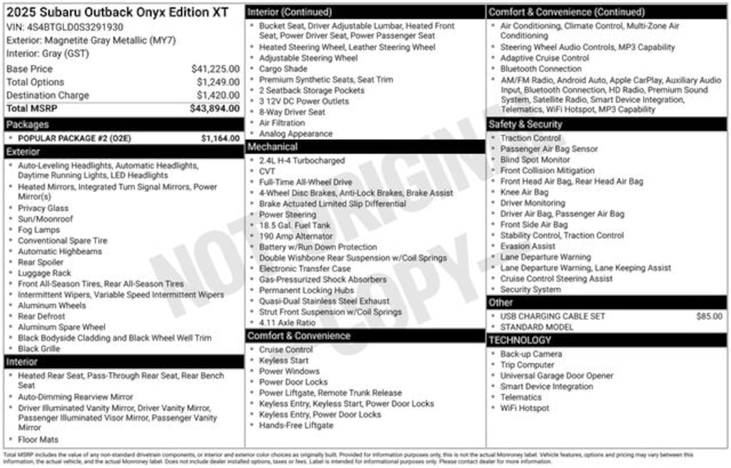 Certified 2025 Subaru Outback Onyx Edition XT SUV