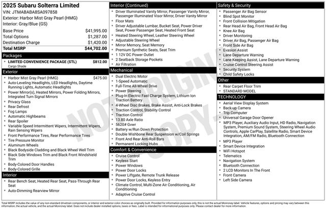 Certified 2025 Subaru Solterra Limited with VIN JTMABABA8SA097858 for sale in Huntsville, AL