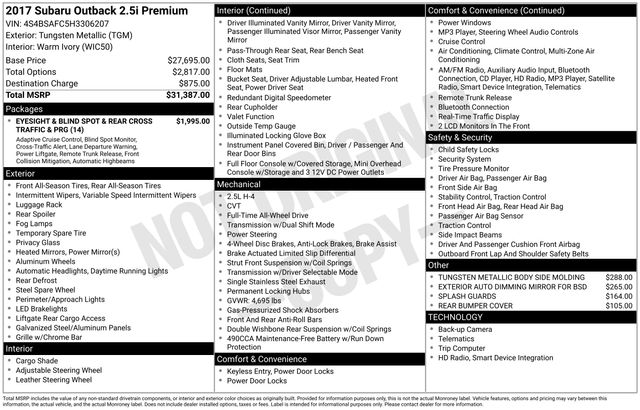 Used 2017 Subaru Outback Premium with VIN 4S4BSAFC5H3306207 for sale in Huntsville, AL