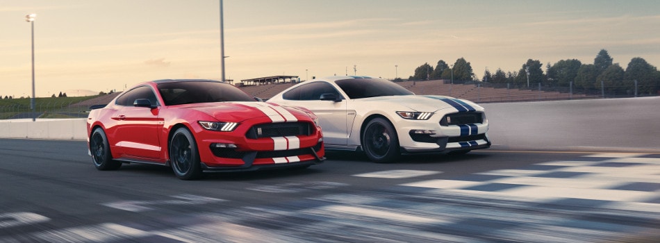 Two Ford Mustangs on a race track