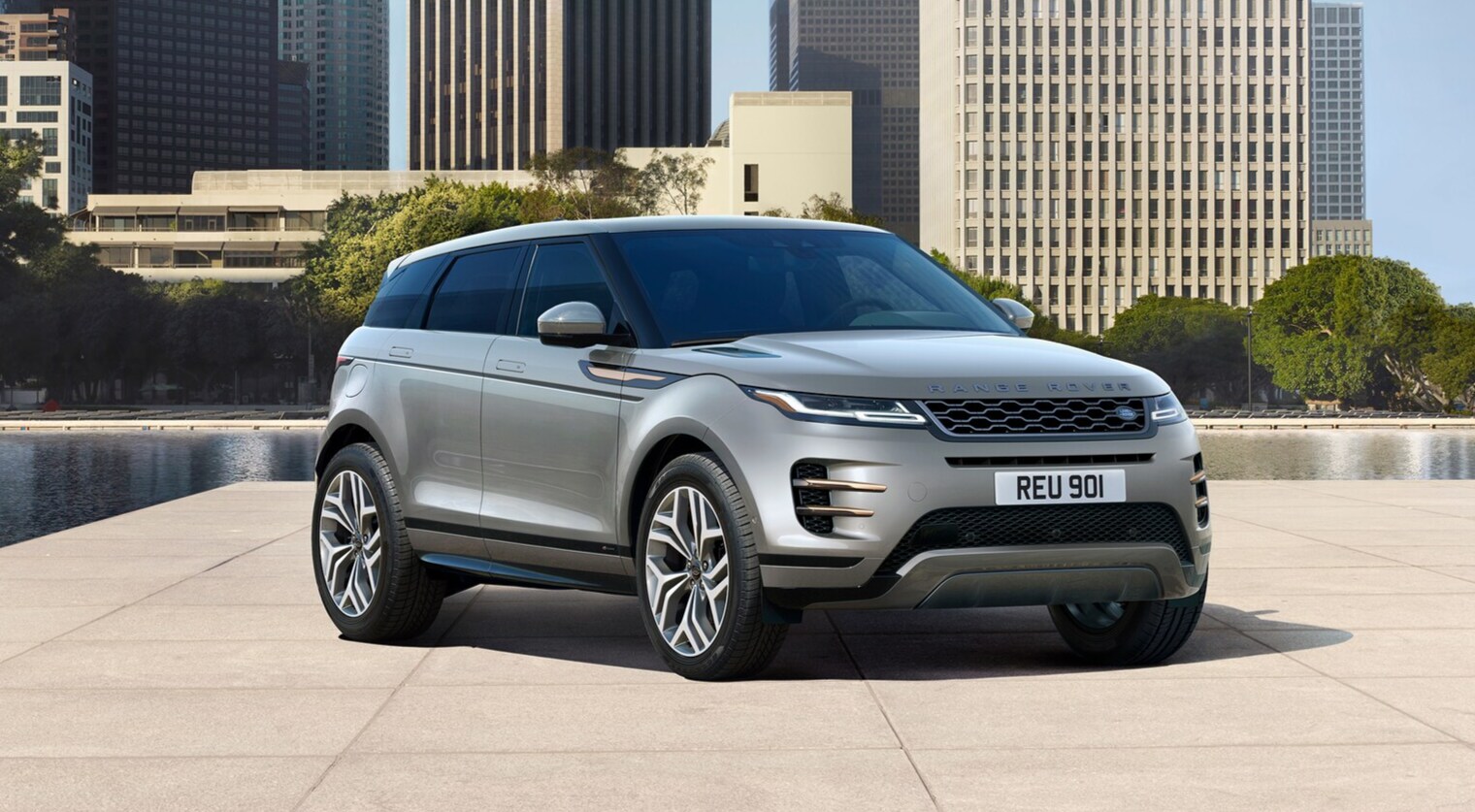 Silver Range Rover Evoque in city