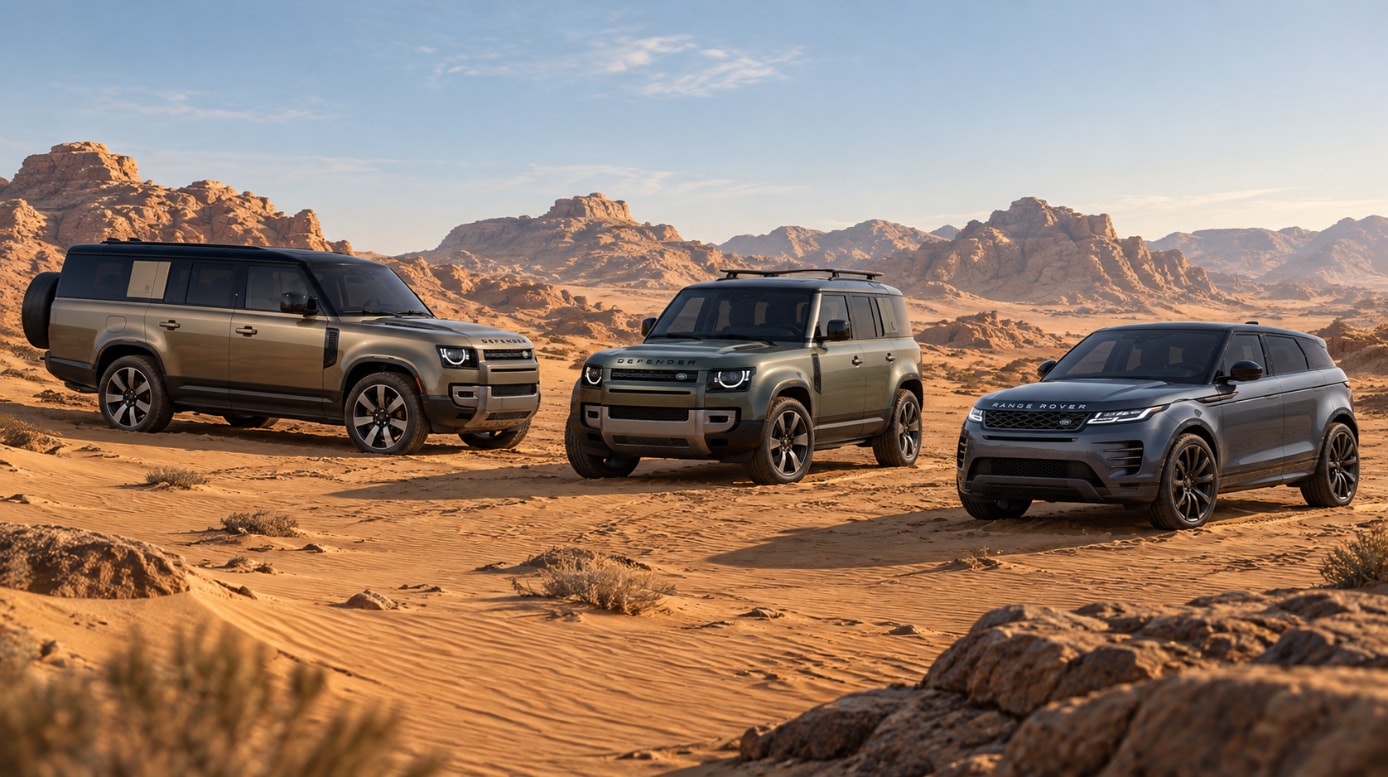 Land Rover Defender 130, Defender 110, and Range Rover Evoque parked in a desert landscape.