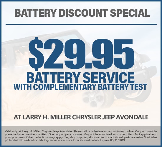 $29.95 Off Battery Service With Complementary Battery Test at Larry H. Miller Chrysler Jeep Avondale
