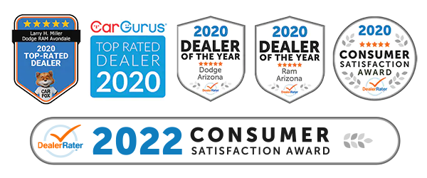 Larry H. Miller Dodge Ram Avondale Awards include: DealerRater 2020 Dodge Dealer of the Year Award, DealerRater 2020 Ram Dealer of the Year, DealerRater 2020 Customer Satisfaction Award, CarGurus 2020 Top Rated Dealer, and 2020 CarFax 2020 Top Rated Dealer!
