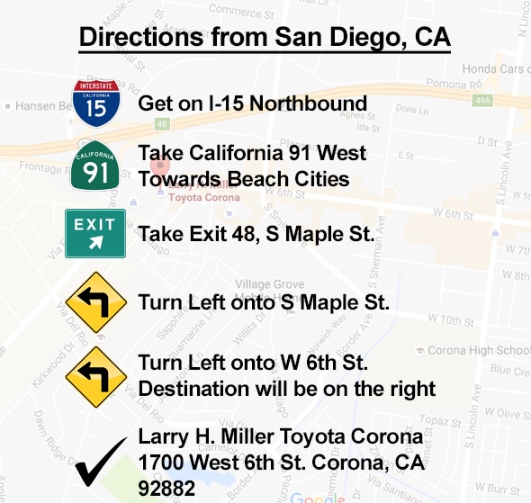 Get Directions From San Diego, California to Toyota Corona
