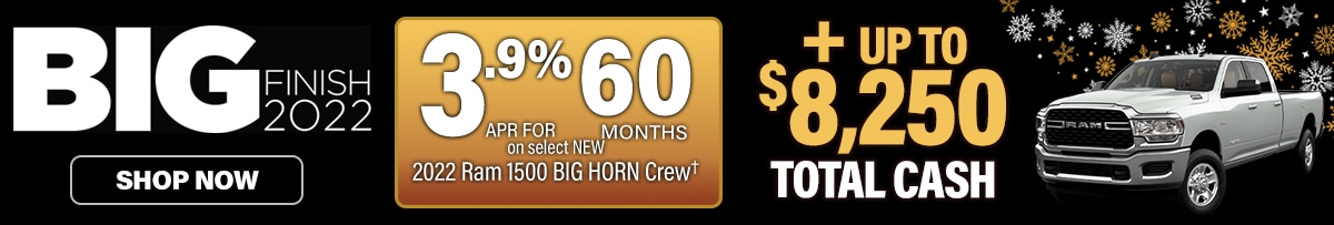 Special APR Financing Offer on new 2022 Ram 1500 Big Horn Crew Cabs PLUS up to $8,250 total cash allowance!