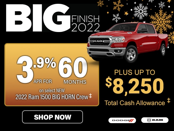 Special APR Financing Offer on new 2022 Ram 1500 Big Horn Crew Cabs PLUS up to $8,250 total cash allowance!