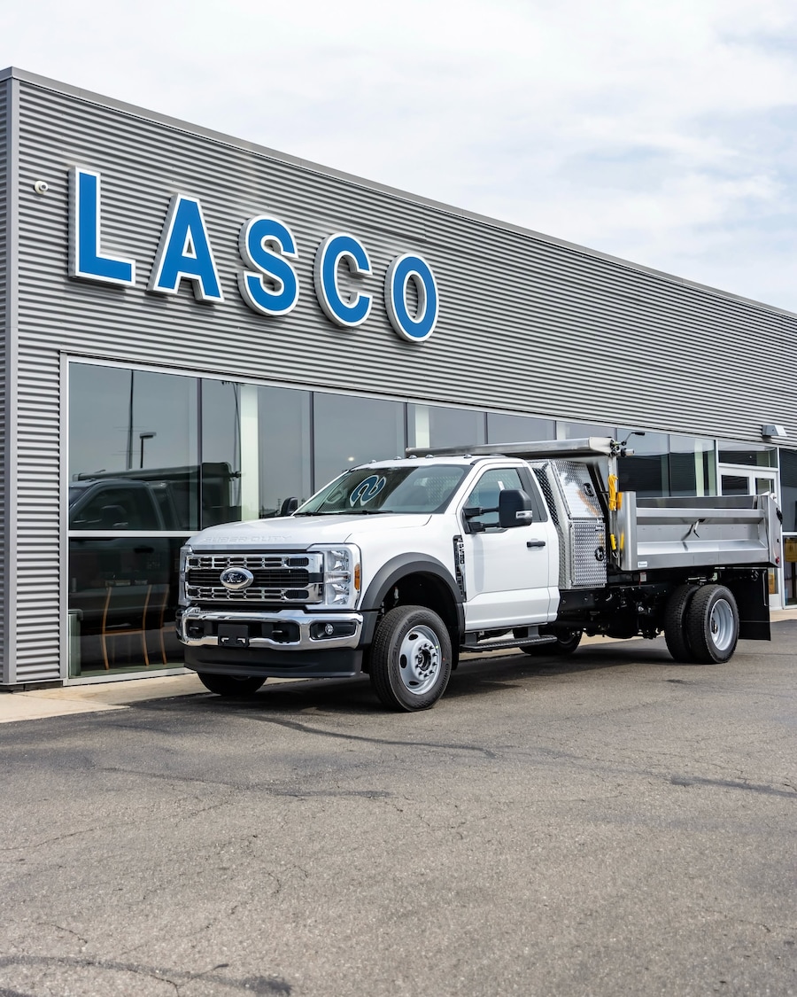 Custom order Ford F-550 aluminum dump body with work box upfitted at Lasco Ford Fenton Michigan