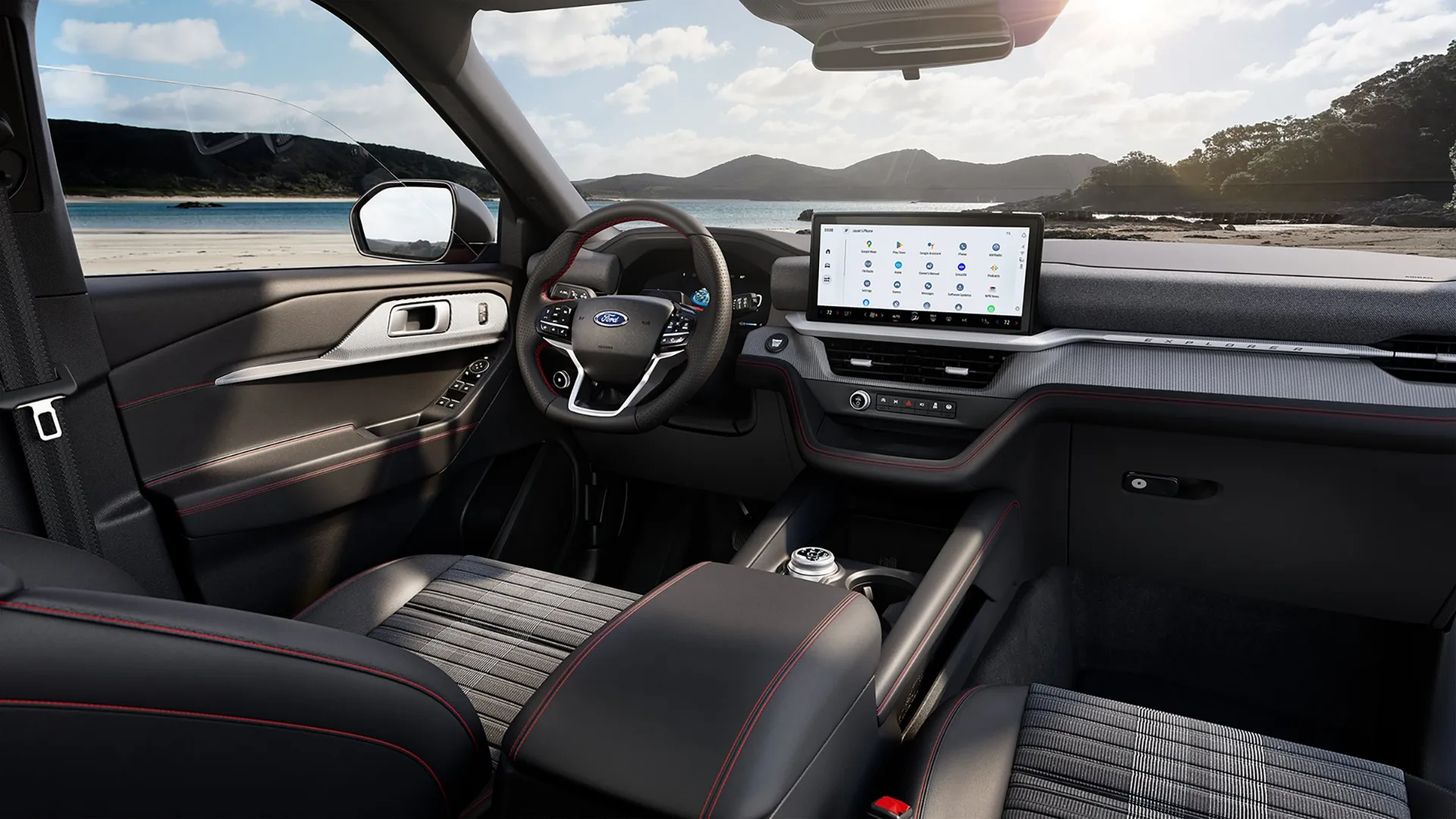 2027 Ford Explorer ST-Line dashboard and front seats with red stitching at Lasco Ford Fenton Michigan