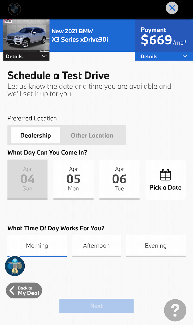 AutoNation Express schedule a test drive screen on a mobile device