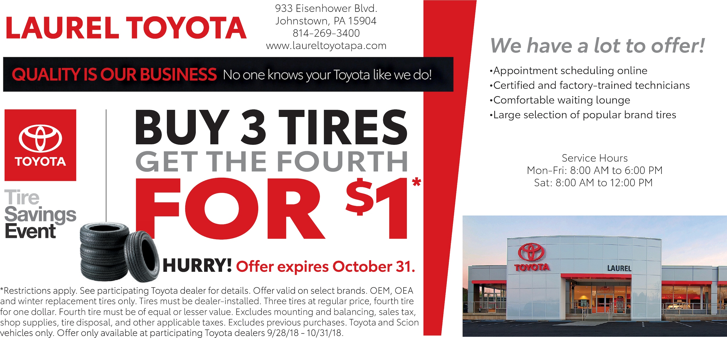 Buy 3 Tires, Get the FOURTH for 1 Laurel Toyota