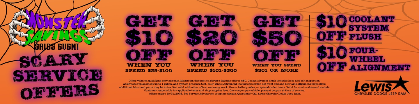 Save up to $50 on car service in Fayetteville, AR. Get $10 off a coolant flush or four-wheel alignment at Lewis Chrysler Dodge Jeep Ram. Ends 10/31/2026.
