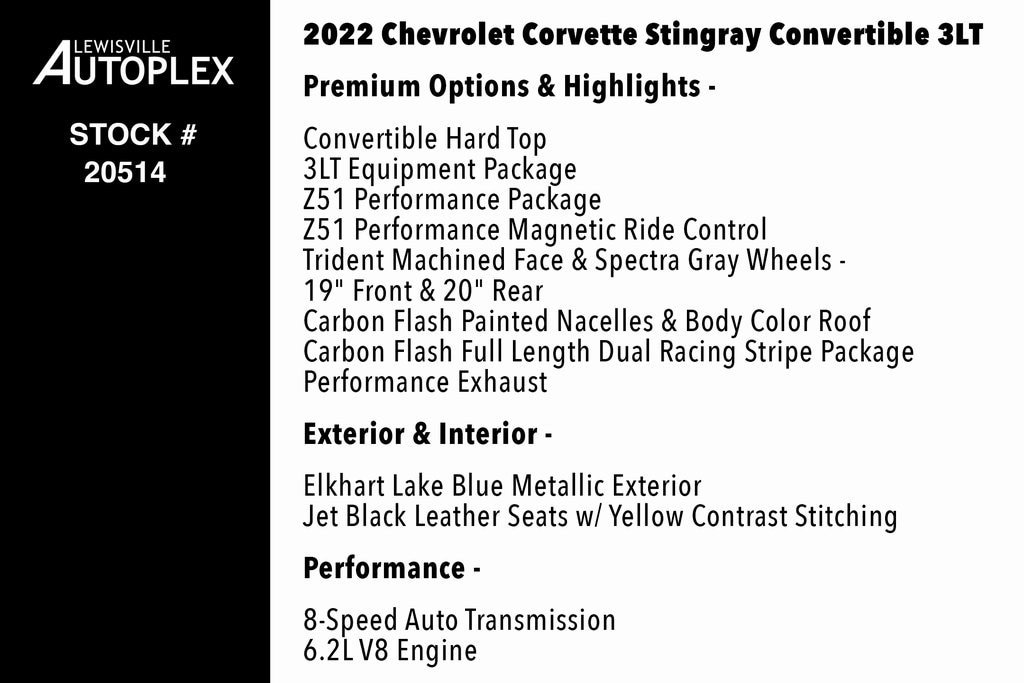 Used 2022 Chevrolet Corvette Stingray Stingray w/3LT Convertible