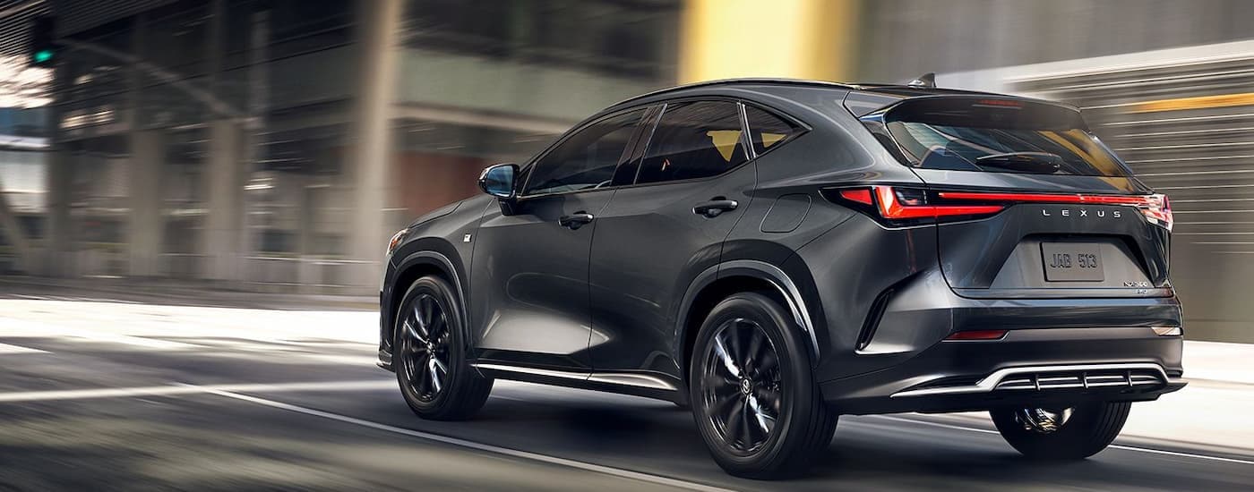 A grey 2024 Lexus NX is shown from a rear angle driving on a city street.