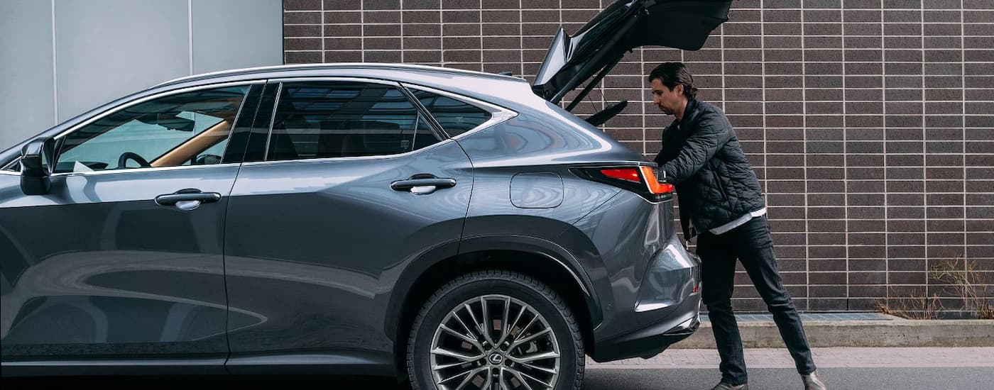 A grey 2024 Lexus NX is being loaded with luggage after leaving a Lexus dealer near Jersey City.