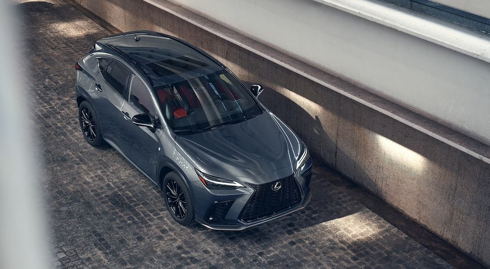2025%20Lexus%20NX%20450%2B%20F%20Sport%20Hybrid%20-%20Gray.jpg A gray 2025 Lexus NX 450+ F Sport Hybrid is shown driving to a Lexus dealer near Union City.