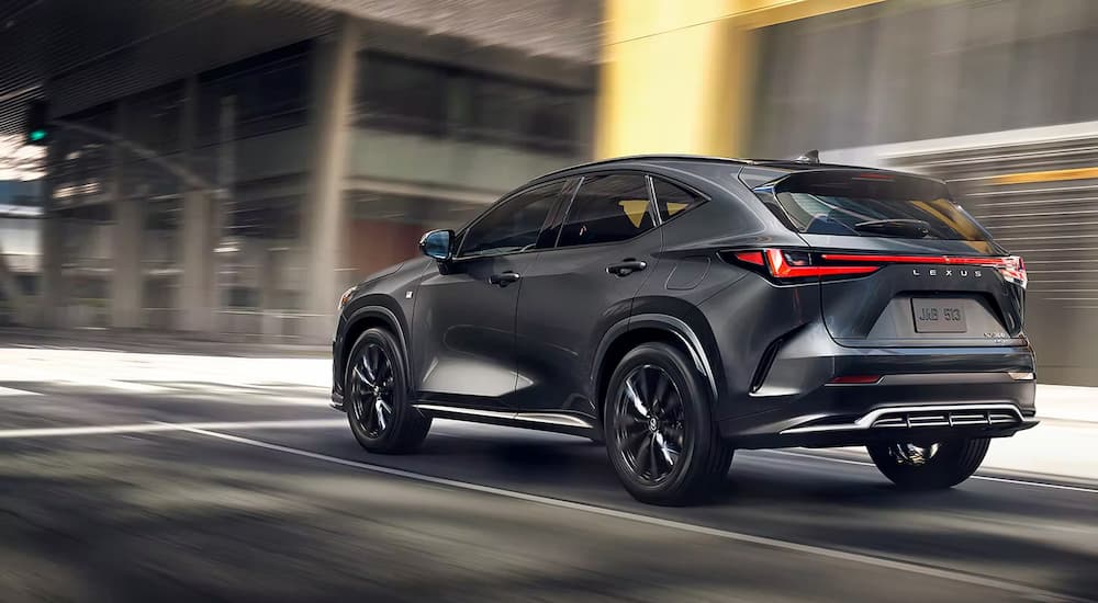 A grey 2023 Lexus NX is shown from the rear on a city street after leaving a Lexus dealer.