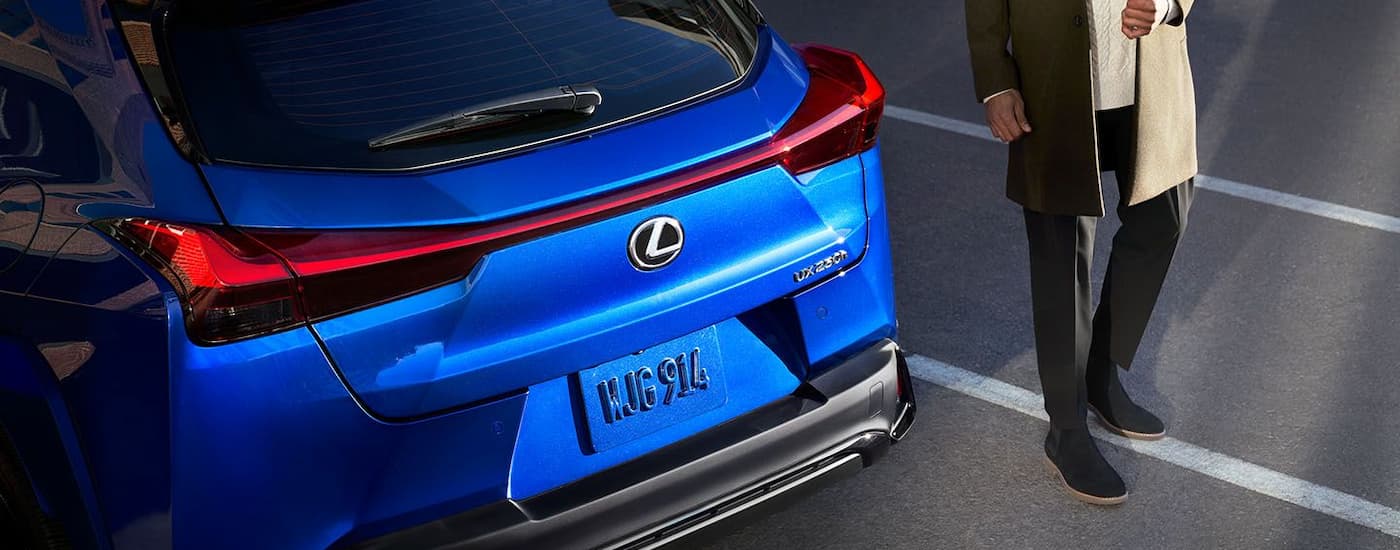 A blue 2024 Lexus UX Hybrid is shown from the rear as someone walks by.