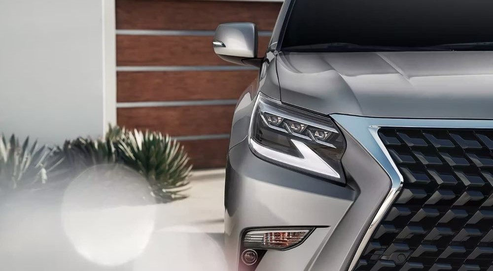 Lexus GX for Sale - 2023 Lexus GX - Garage.jpg A close up shows the passenger side headlight on a silver 2023 Lexus GX.