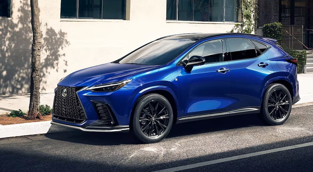 A blue 2023 Lexus NX is shown parked on the side of a city street after leaving a Lexus dealer near me.