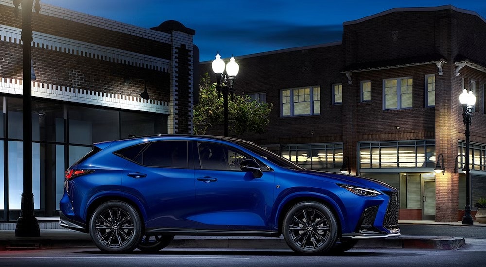 A blue 2024 Lexus NX 350 F Sport is parked after viewing a Lexus NX for sale in Long Island City.