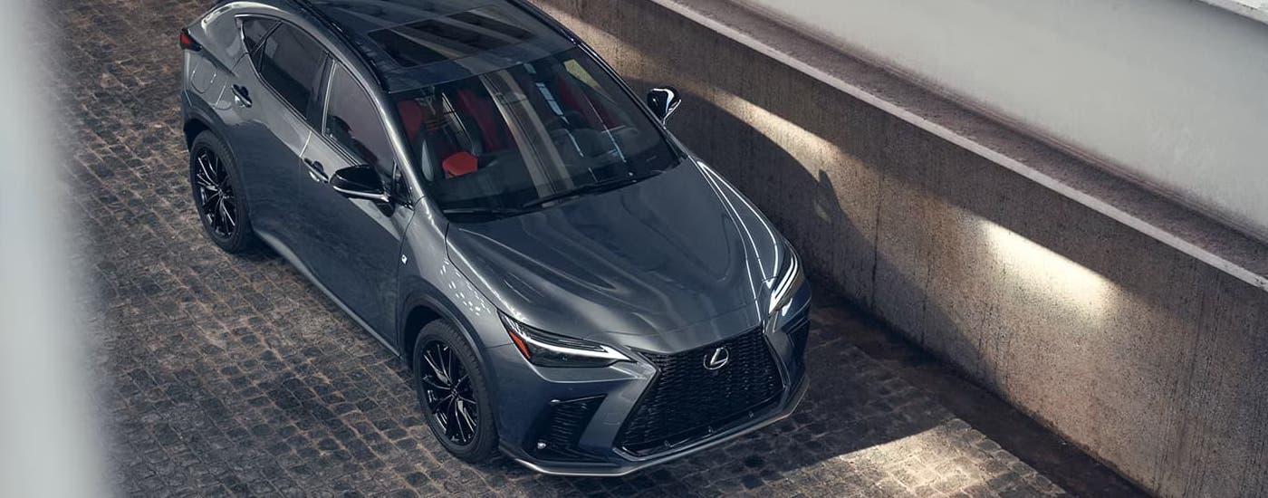 A grey 2025 Lexus NX is parked on a cobblestone street.