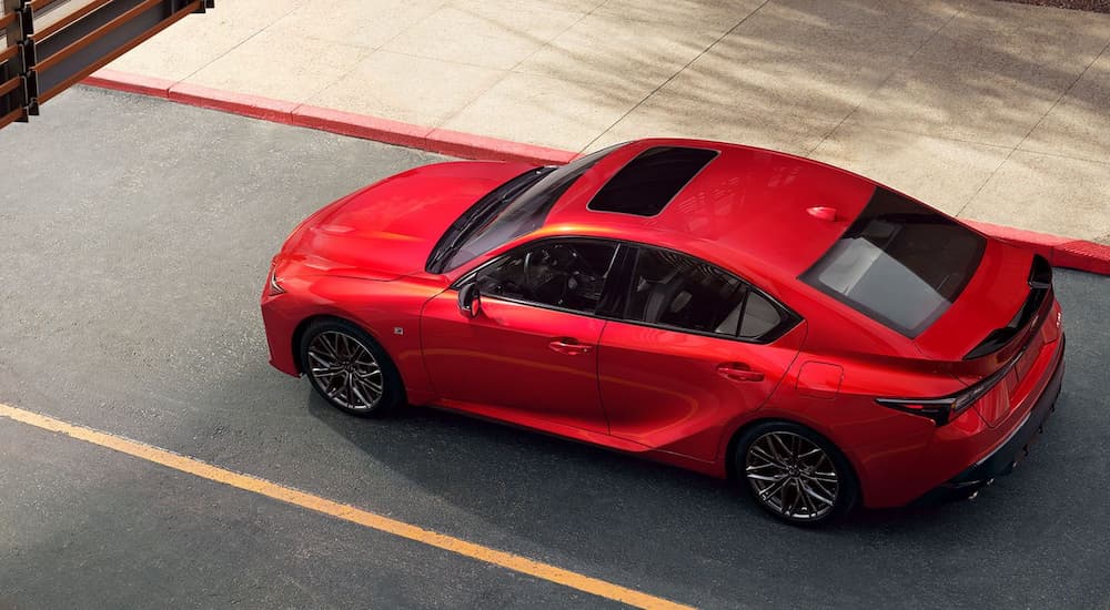 A red 2024 Lexus IS is parked on the side of a city street.