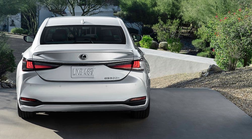 A silver 2024 Lexus ES300H is shown from the rear.