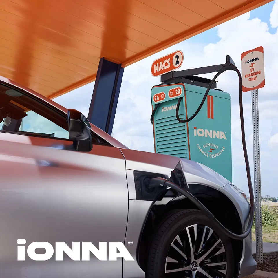  An electric car plugged into an IONNA charging station. 