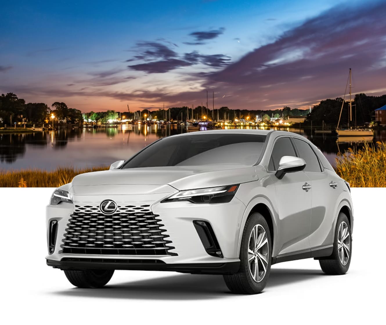 2026 Lexus RX in silver superimposed in front of Warwick Cove in Rhode Island