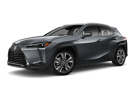 Front exterior three-quarter view of a dark gray Lexus UX