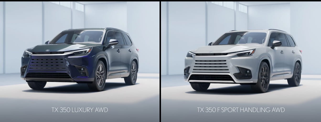 Blue Lexus TX 350 Luxury AWD and white Lexus TX 350 F SPORT Handling AWD shown side by side.
