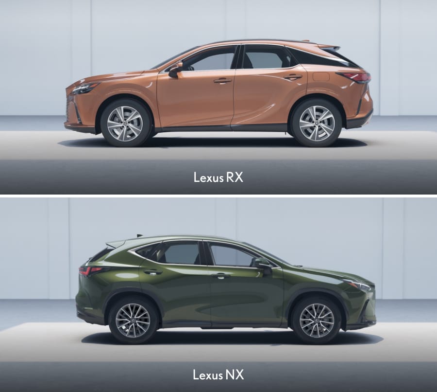 2026 Lexus RX in Copper Crest above a 2026 Lexus NX in Nori Green Pearl