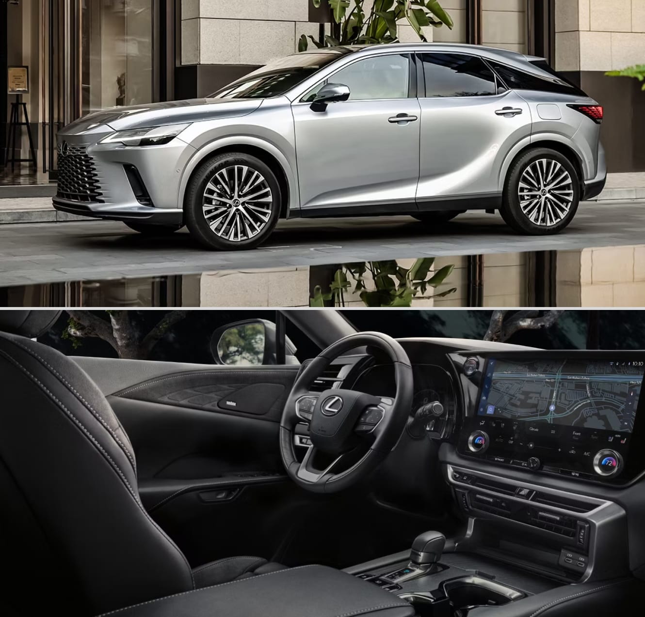 A 2026 Lexus RX in silver parked on a city street stacked over an interior image of the front seat and dashboard