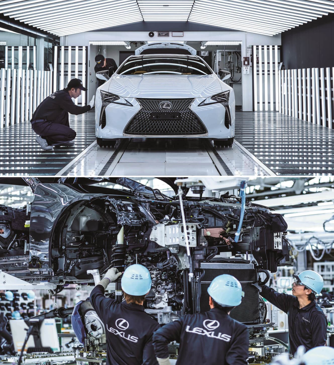 Two shots of Lexus Factory workers performing rigorous quality control inspections of Lexus vehicles at every stage of production.