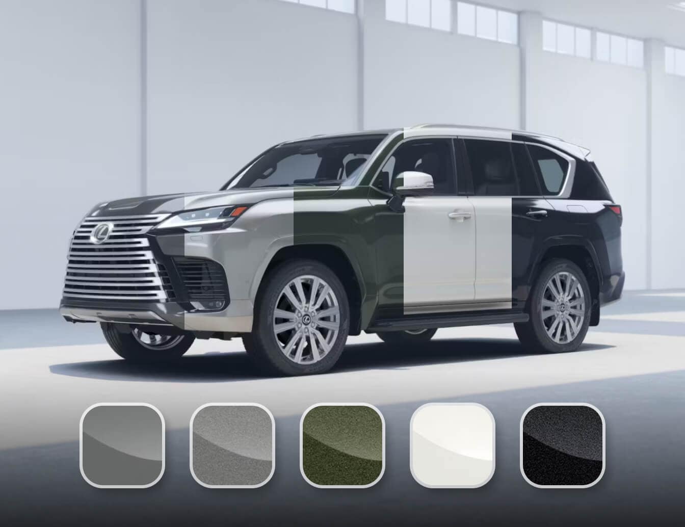 Exterior side views of a white Lexus LX 600 F Sport parked and 700h Overtrail offroading.