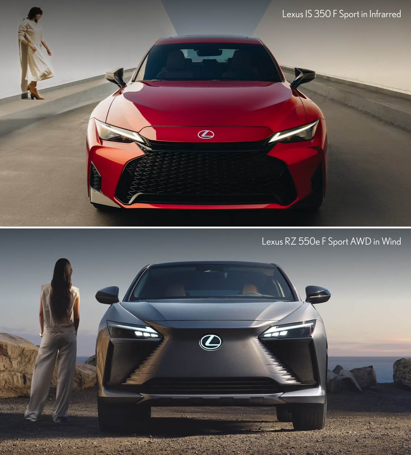 Lexus IS 350 F Sport in Infrared and a Lexus RZ 550e F Sport AWD in WInd