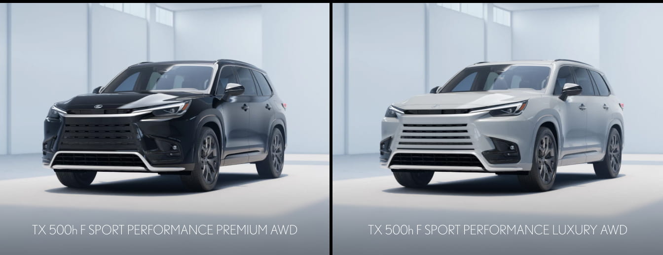 Black Lexus TX 500h F SPORT Performance Premium AWD and white Lexus TX 500h F SPORT Performance Luxury AWD shown side by side.