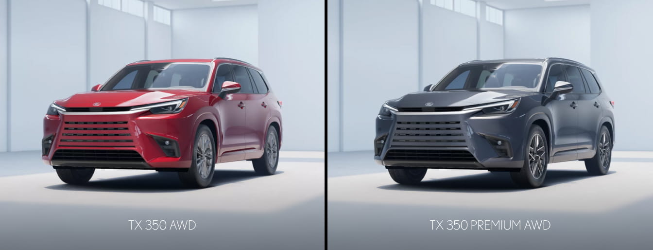 Red Lexus TX 350 AWD and gray Lexus TX 350 Premium AWD shown side by side.