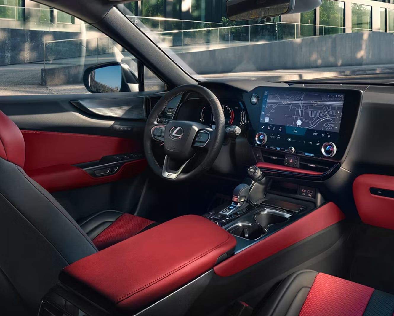 NX 350 F SPORT Handling AWD shown with Circuit Red NuLuxe and Dark Graphite Aluminum trim