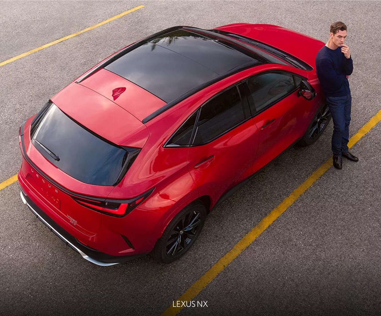 Aerial top down view of a man confidently leaning against a red Lexus NX.