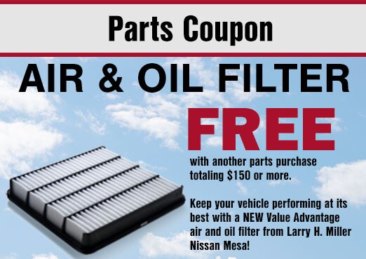 Nissan Parts Coupon - Free Air & Oil Filter with $150 parts purchase. Nissan Free Air & Oil Filter with $150 parts purchase Coupon, Mesa, AZ