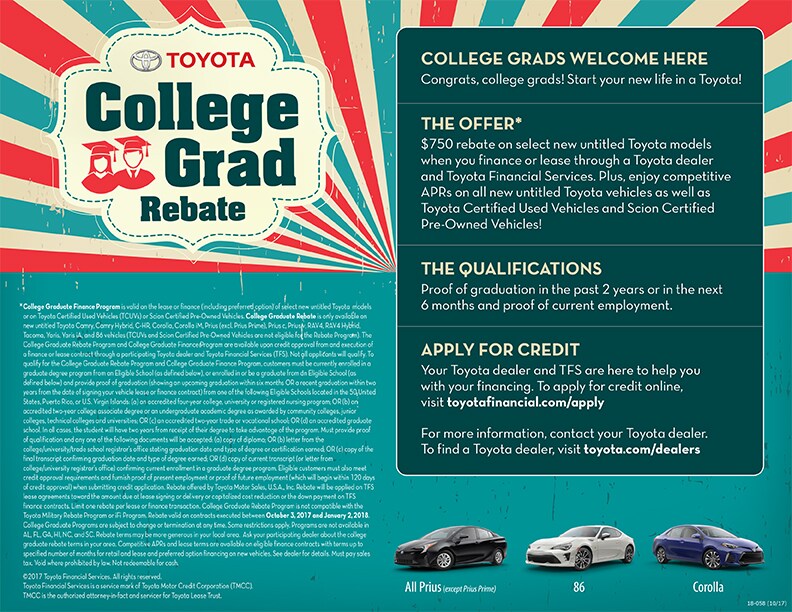 Toyota College Grad Rebate Save more on a qualified new Toyota Purchase in Peoria, AZ with the Toyota College Grad Rebate Program.